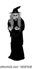 Old witch with poison red apple vector illustration isolated on white background. Halloween, bogeyman. Walpurgis night. Black magic lady. Horror and horrible night nightmare. legend and fairy tale.