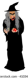 Old witch with poison red apple vector illustration isolated on white background. Halloween, bogeyman. Walpurgis night. Black magic lady. Horror and horrible night nightmare. legend and fairy tale.