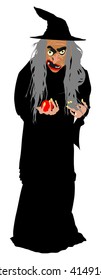 Old witch with poison red apple vector illustration isolated on white background. Halloween, bogeyman. Walpurgis night. Black magic lady. Horror and horrible night nightmare. legend and fairy tale.