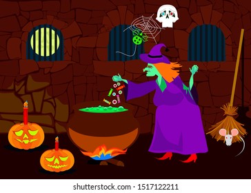 Old witch preparing a potion in castle dungeon. Vector illustration