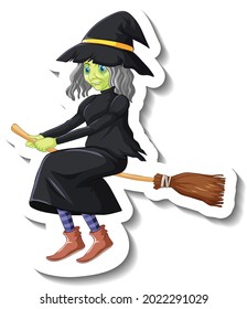 Old witch riding broomstick cartoon character sticker illustration