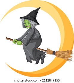 Old witch riding broomstick with crescent moon illustration