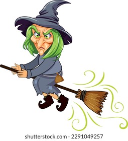 Old witch riding on broomstick cartoon character illustration