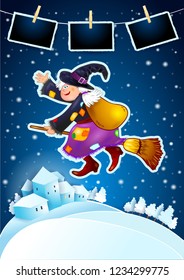 Old witch with snowy landscape and photo frames, vector illustration eps10