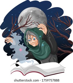 Old witch with spell and book cartoon style isolated on white background illustration