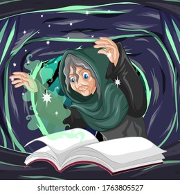 Old witch with spell and book cartoon style on dark cave background illustration