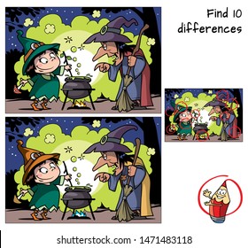 Old witch teaches little witch to make a magic potion. Find 10 differences. Educational matching game for children. Cartoon vector illustration