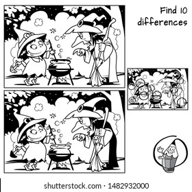 Old witch teaches little witch to make a magic potion. Find 10 differences. Educational matching game for children. Black and white cartoon vector illustration