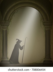 old witch or wizard  in the old abandoned castle, Halloween character, halloween background, vector