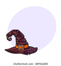 Old witch, wizard pointed hat, Halloween decoration element, sketch style vector illustration with space for text. Hand drawn witch hat, Halloween object, decoration element