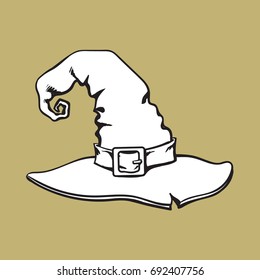 Old witch, wizard pointed hat, Halloween decoration element, sketch style vector illustration isolated on background. Halloween object, decoration element