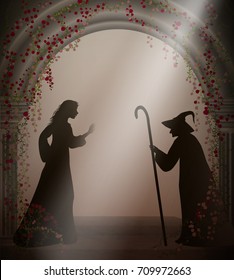 old witch and young girl in the old abandoned castle with red roses, Halloween characters or fairy characters, vector