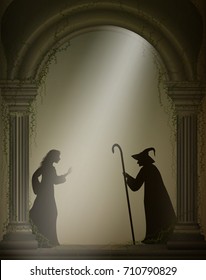 old witch and young girl in the old abandoned castle, Halloween characters or fairy characters, vector
