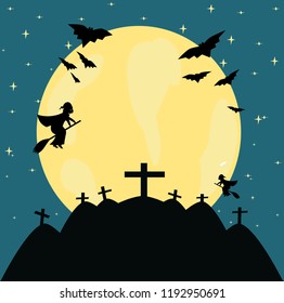 Old witched flies on a broomstick in the night sky against the background of the full moon with bats and graves . Vector illustration. Halloween concept