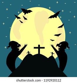 Old witches in the night sky against the background of the full moon with bat and grave. Vector illustration. Halloween concept