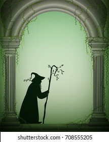 old  wizard  in the arch of the castle garden, Halloween character, forest sorcerer,  fairytale character, halloween background, vector