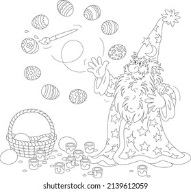 Viejo mago con un gran colorante de barba y decoración de huevos de regalo de Pascua con un pincel volador mágico y pinturas brillantes, ilustración de dibujos animados vectoriales en blanco y negro para un libro de colores