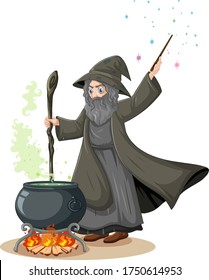 Old wizard with black magic pot and magic wand cartoon style isolated on white background illustration