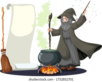 Old wizard with black magic pot and broomstick and blank banner paper cartoon style isolated on white background illustration