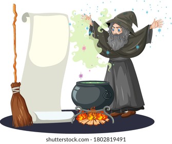 Old wizard with black magic pot and broomstick and blank banner paper cartoon style isolated on white background illustration