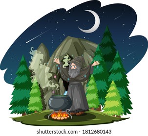 Old wizard with black magic pot in forest cartoon style isolated on white background illustration