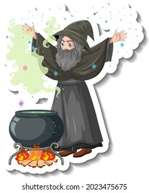 Old wizard brewing potion pot cartoon character sticker illustration