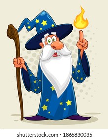 Old Wizard Cartoon Character With A Cane Making Magic. Vector Illustration With Background