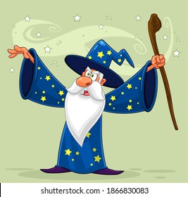 Old Wizard Cartoon Character With A Cane Making Magic. Vector Illustration With Background