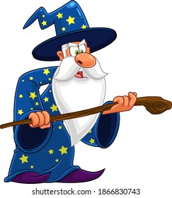 Old Wizard Cartoon Character With A Cane Making Magic. Vector Illustration Isolated On White Background