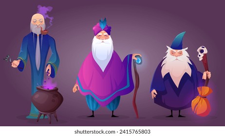 Old wizard cartoon character with magic stuff. Vector illustration set of three different cultures magician warlock man with grey long beard prepare potion in cauldron, hold fantasy stick and broom.