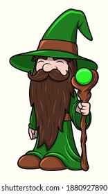 Old Wizard Cartoon Illustration With Long Brown Beard, Green Robe And Hat, Holding A Wooden Staff With Light Green Orb. Nature Forest Mage Character Design Or Concept Of Fantasy Person. Happy Face.