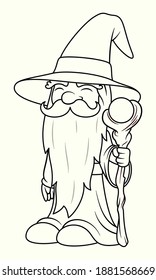 Old wizard cartoon illustration with long beard, robe and hat, holding a staff with orb. Mage character design or concept of fantasy person. Happy face. Line art illustration for coloring book page.