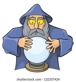 Old wizard cartoon looking at magic ball.