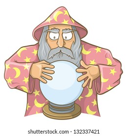 Old wizard cartoon in pink cape looking at magic ball.