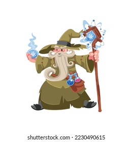 Old wizard casting spell cartoon illustration. Wise magician, warlock, mage or sorcerer with white beard in hat and robe casting spell. Magic concept