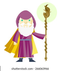 an old wizard casting a spell with his wooden staff