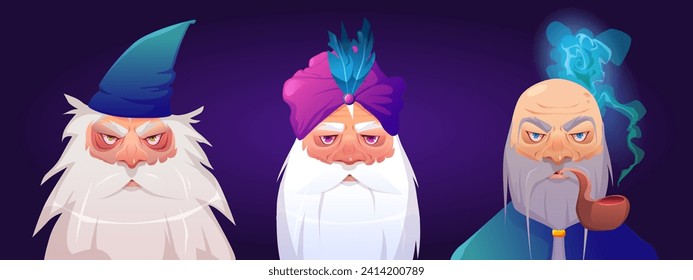 Old wizard characters set isolated on background. Vector cartoon illustration of senior men with long gray beard, wearing cloak, turban hat, smoking pipe, severe eyes on wrinkled face, wise sorcerer