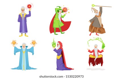 Old Wizard Characters Set, Male Magician or Warlock in Hat and Mantle Practicing Wizardry Vector Illustration