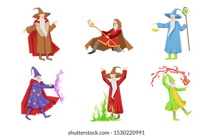 Old Wizard Characters Set, Male Magician or Warlock in Robe Practicing Wizardry Vector Illustration