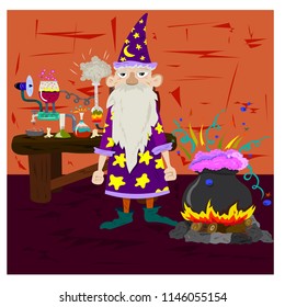 The old wizard cooks the potion in the cauldron and puts the experiments.