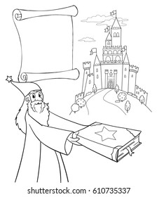 Old wizard with enchantment book, empty parchment and castle. Coloring vector.