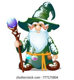 The old wizard with hat and magic stick isolated on white background. Sample of poster, party holiday invitation, festive card. Vector cartoon close-up illustration.