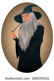 Old wizard in a hat smokes a pipe. Vector illustration