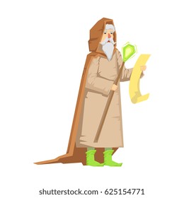 Old wizard holding magic staff. Colorful fairy tale character Illustration