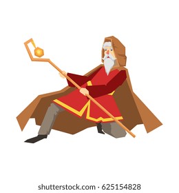 Old wizard holding magic staff. Colorful fairy tale character Illustration