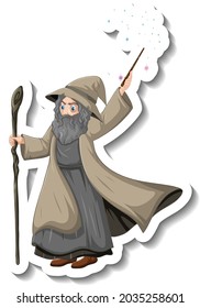Old wizard holding staff and wand cartoon character sticker illustration