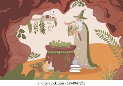 Old wizard with long white beard preparing magic poison vector flat illustration. Magician man cave with cauldron, poison flasks, herbs and plants and magic books. Happy Halloween concept.