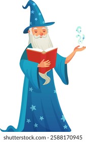 Old wizard with long white beard wearing blue magic robe and hat decorated with stars is reading spellbook and casting magic spell with his hand