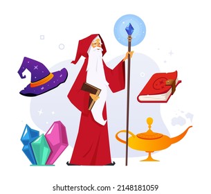 Old wizard and magic items - modern colored vector poster on white background with sorcerer with a long beard and a luminous staff with a crystal. Fairy hat, genie lamp, spell book, gems. Mystic idea