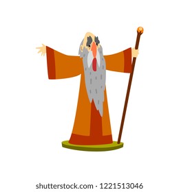 Old wizard with magic staff, fairy tale character vector Illustration on a white background